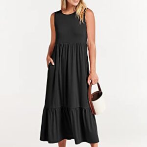 ANRABESS Women's Casual Summer Sleeveless Ruffle Sundress Round Neck A-Line Pleated Maxi Dress with Pockets 499heise-XXL Black