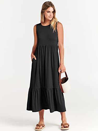 ANRABESS Women's Casual Summer Sleeveless Ruffle Sundress Round Neck A-Line Pleated Maxi Dress with Pockets 499heise-XXL Black