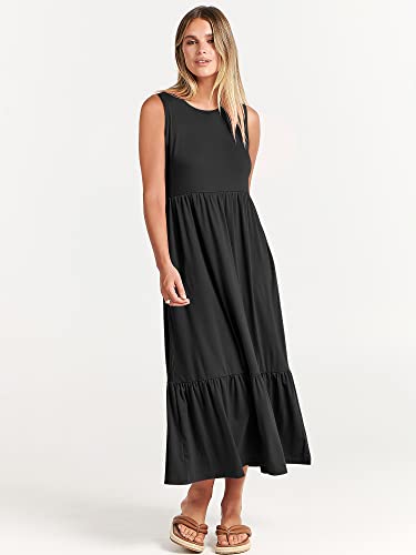 ANRABESS Women's Casual Summer Sleeveless Ruffle Sundress Round Neck A-Line Pleated Maxi Dress with Pockets 499heise-XXL Black