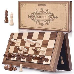 amerous 15 inches magnetic wooden chess set with 2 extra queens/folding board/chess pieces storage slots/instructions, portable travel chess game for beginner/classic board game