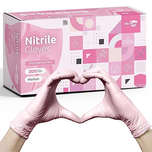 WECARE Pink Disposable Nitrile Gloves Medium - 200 Pack - 3 Mil - Powder and Latex Free - Non-Sterile - Food Safe Gloves