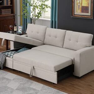 Devion Furniture L-Shape Linen Sleeper Sectional Sofa for Living Room, Home Furniture, Apartment, Dorm Sofabed, Beige