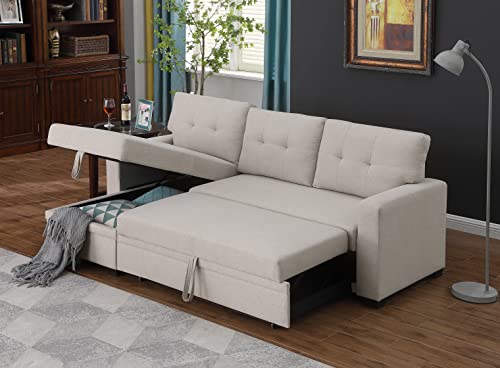 Devion Furniture L-Shape Linen Sleeper Sectional Sofa for Living Room, Home Furniture, Apartment, Dorm Sofabed, Beige