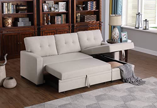 Devion Furniture L-Shape Linen Sleeper Sectional Sofa for Living Room, Home Furniture, Apartment, Dorm Sofabed, Beige