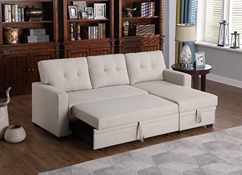 Devion Furniture L-Shape Linen Sleeper Sectional Sofa for Living Room, Home Furniture, Apartment, Dorm Sofabed, Beige