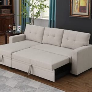 Devion Furniture L-Shape Linen Sleeper Sectional Sofa for Living Room, Home Furniture, Apartment, Dorm Sofabed, Beige