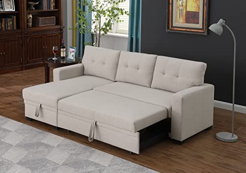 Devion Furniture L-Shape Linen Sleeper Sectional Sofa for Living Room, Home Furniture, Apartment, Dorm Sofabed, Beige