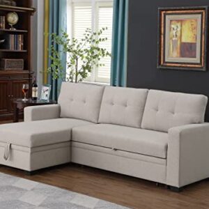 Devion Furniture L-Shape Linen Sleeper Sectional Sofa for Living Room, Home Furniture, Apartment, Dorm Sofabed, Beige