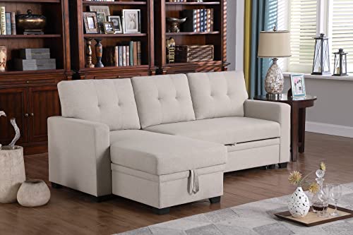 Devion Furniture L-Shape Linen Sleeper Sectional Sofa for Living Room, Home Furniture, Apartment, Dorm Sofabed, Beige