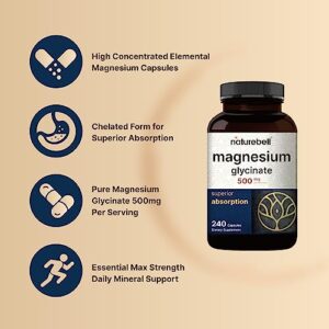 Magnesium Glycinate Capsules 500mg | 240 Count, 100% Chelated & Purified, 3rd Party Tested, Non-GMO & Gluten Free