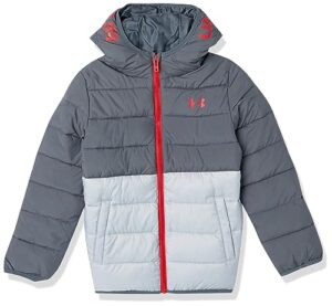 under armour boys' pronto puffer jacket, mid-weight, zip up closure, repels water, pitch gray colorblock
