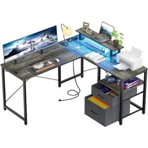homieasy l shaped computer desk with storage file drawer, reversible home office desk with recessed power strip and led strip, corner gaming desk work study table with monitor stand, black oak