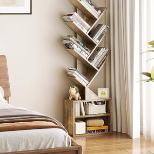 SUNMORY 6 Tier Tree Bookshelf, Small Bookcase with Storage Cabinet, Modern Tall Narrow Bookshelves Organizer, Floor Standing Book Shelf for Bedroom/Living Room/Home Office/Corner, Rustic Brown