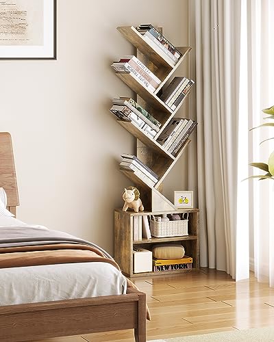 SUNMORY 6 Tier Tree Bookshelf, Small Bookcase with Storage Cabinet, Modern Tall Narrow Bookshelves Organizer, Floor Standing Book Shelf for Bedroom/Living Room/Home Office/Corner, Rustic Brown