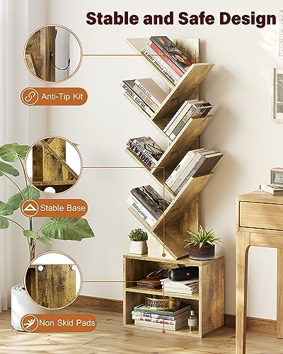 SUNMORY 6 Tier Tree Bookshelf, Small Bookcase with Storage Cabinet, Modern Tall Narrow Bookshelves Organizer, Floor Standing Book Shelf for Bedroom/Living Room/Home Office/Corner, Rustic Brown