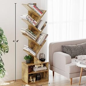 SUNMORY 6 Tier Tree Bookshelf, Small Bookcase with Storage Cabinet, Modern Tall Narrow Bookshelves Organizer, Floor Standing Book Shelf for Bedroom/Living Room/Home Office/Corner, Rustic Brown