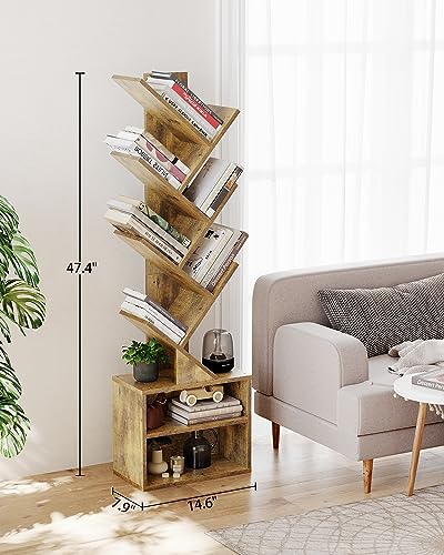 SUNMORY 6 Tier Tree Bookshelf, Small Bookcase with Storage Cabinet, Modern Tall Narrow Bookshelves Organizer, Floor Standing Book Shelf for Bedroom/Living Room/Home Office/Corner, Rustic Brown