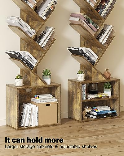 SUNMORY 6 Tier Tree Bookshelf, Small Bookcase with Storage Cabinet, Modern Tall Narrow Bookshelves Organizer, Floor Standing Book Shelf for Bedroom/Living Room/Home Office/Corner, Rustic Brown