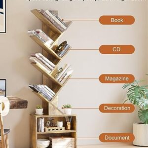 SUNMORY 6 Tier Tree Bookshelf, Small Bookcase with Storage Cabinet, Modern Tall Narrow Bookshelves Organizer, Floor Standing Book Shelf for Bedroom/Living Room/Home Office/Corner, Rustic Brown