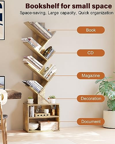 SUNMORY 6 Tier Tree Bookshelf, Small Bookcase with Storage Cabinet, Modern Tall Narrow Bookshelves Organizer, Floor Standing Book Shelf for Bedroom/Living Room/Home Office/Corner, Rustic Brown