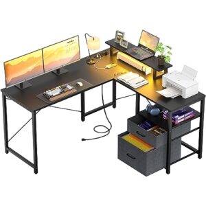 homieasy l shaped computer desk with storage file drawer, reversible home office desk with recessed power strip and led strip, corner gaming desk work study table with monitor stand, black