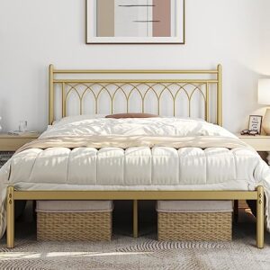 yaheetech queen size bed frame metal platform bed with petal accented headboard, mattress foundation with spacious underbed storage,no box spring needed, easy assembly queen bed frame, antique gold