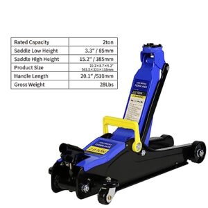 Blue Low Profile Floor Jack, Hydraulic Trolley Racing Floor Jack w/Piston Quick Lift Pump - 2 Ton Capacity, Strong Steel Floor Jack with 3.3''~15.2'' Lifting Range Height