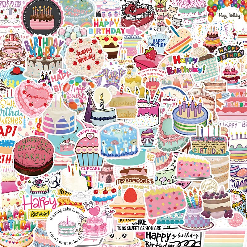 106Pcs Happy Birthday Cake Stickers Pink Birthday Party Cake Stickers Waterproof Decals for Teens Girls Boys Kids Waterproof Vinyl Stickers for Laptop Tablet Phone Hydroflasks Water Bottle (Happy Birthday Cake)