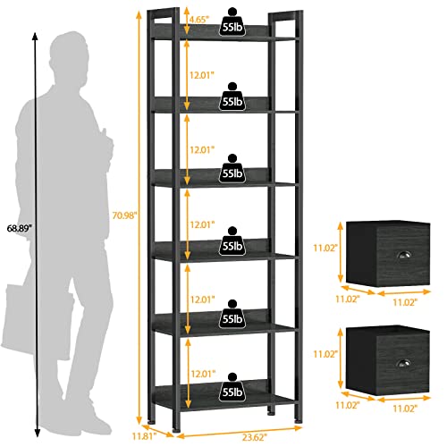 Furologee 6-Tier Bookshelf and Nightstands Set of 2, ndustrial End Table with Fabric Drawer&Storage Shelf, Small Bedside Table Organizer for Small Space, Side Table for Living Room