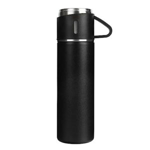 insulated water bottle with cup travel coffee mug with handle stainless steel tumblers thermos for hot and cold drinks water flask 17 oz/500ml black
