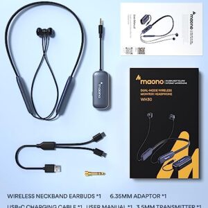 MAONO Wireless Neckband Headphones, WH30 Semi-in-Ear Monitor Earbuds with 3.5MM Transmitter, Dual Mode 2.4G/BT 5.3 Stable Wireless Transmission Light Weight 12Hrs Playtime