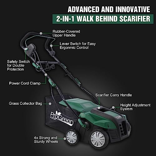 2 in 1 Walk Behind Scarifier, Garden Scarifier, 16INCH Dethatcher Corded Electric Scarifier, 15 Amp Electric Lawn Dethatcher, Removable Collection Bag Extra Large 58QT