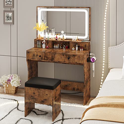 LIKIMIO Vanity Desk with LED Lighted Mirror & Power Outlet & 4 Drawers, Dressing Makeup Table Set with Storage Stool and Hair Dryer Stand, Vintage Brown
