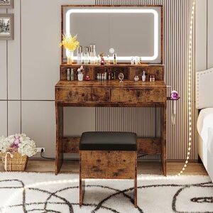 LIKIMIO Vanity Desk with LED Lighted Mirror & Power Outlet & 4 Drawers, Dressing Makeup Table Set with Storage Stool and Hair Dryer Stand, Vintage Brown