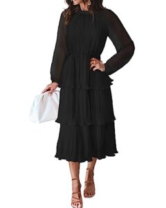 zesica women's 2023 long sleeve crew neck ruffle tiered layered chiffon flowy swing long midi dress,black,large
