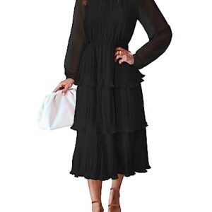 ZESICA Women's 2023 Long Sleeve Crew Neck Ruffle Tiered Layered Chiffon Flowy Swing Long Midi Dress,Black,Large