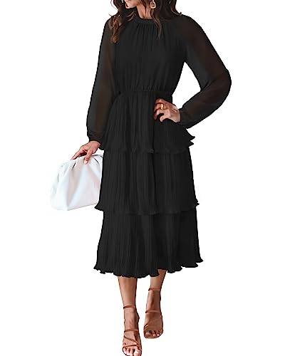 ZESICA Women's 2023 Long Sleeve Crew Neck Ruffle Tiered Layered Chiffon Flowy Swing Long Midi Dress,Black,Large