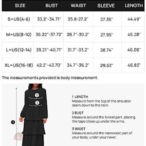 ZESICA Women's 2023 Long Sleeve Crew Neck Ruffle Tiered Layered Chiffon Flowy Swing Long Midi Dress,Black,Large