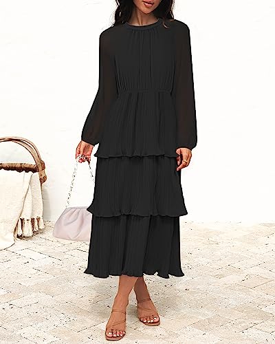 ZESICA Women's 2023 Long Sleeve Crew Neck Ruffle Tiered Layered Chiffon Flowy Swing Long Midi Dress,Black,Large