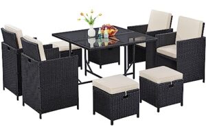 yaheetech 9-piece patio dining sets outdoor space saving rattan chairs with glass table, wicker patio furniture sets outdoor sectional conversation set with removeable cushions, black