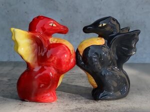 ebros gift red fire and black smoke dueling dragons couple ceramic salt pepper shakers set figurines as fantasy mythical magic dungeons and dragon gothic accent decor