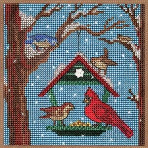 mill hill bird feeder beaded counted cross stitch kit buttons & beads 2023 winter series mh142332, 5.25" x 5.25", multi