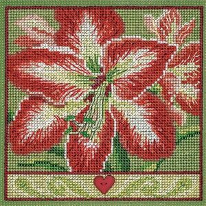mill hill amaryllis beaded counted cross stitch kit buttons & beads 2023 winter series mh142335, 5.25" x 5.25", multi