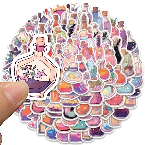 Magic Potion Stickers, Cute Aesthetic Potion Bottle Stickers,100pcs Small Waterproof Vinyl Stickers for Water Bottle, Laptop, Scrapbook, Guitar, Skateboard, Luggage, Jaurney Cool Stickers for Kids Teens Girls (Bottles)