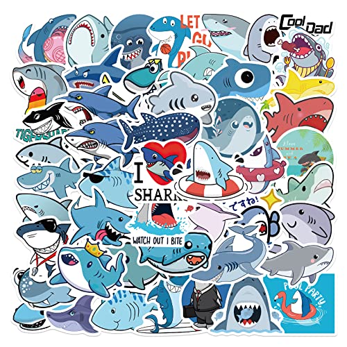 Cute Shark Waterproof Stickers for Kids Boys, 50Pcs Cool Ocean Shark Vinyl Stickers Pack for Water Bottle, Laptop, Scrapbook, Luggage, Skateboard, Guitar Decals, Summer Stickers, Animals Party Favors (Shark)