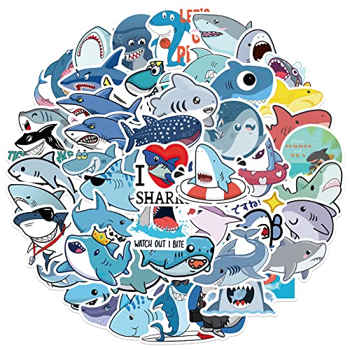 Cute Shark Waterproof Stickers for Kids Boys, 50Pcs Cool Ocean Shark Vinyl Stickers Pack for Water Bottle, Laptop, Scrapbook, Luggage, Skateboard, Guitar Decals, Summer Stickers, Animals Party Favors (Shark)