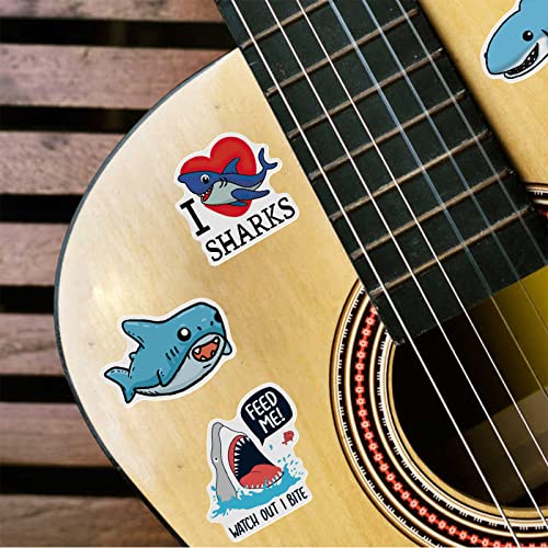 Cute Shark Waterproof Stickers for Kids Boys, 50Pcs Cool Ocean Shark Vinyl Stickers Pack for Water Bottle, Laptop, Scrapbook, Luggage, Skateboard, Guitar Decals, Summer Stickers, Animals Party Favors (Shark)