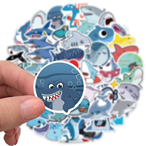 Cute Shark Waterproof Stickers for Kids Boys, 50Pcs Cool Ocean Shark Vinyl Stickers Pack for Water Bottle, Laptop, Scrapbook, Luggage, Skateboard, Guitar Decals, Summer Stickers, Animals Party Favors (Shark)