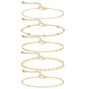 MIDEEO Gold Layered Bracelet for Women 14K Gold Plated Layered Dainty Wafer Point Lip Chain Beads Bracelet Set Silver Bracelet Simple Layering Set Women Jewelry Gift