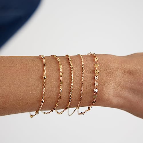 MIDEEO Gold Layered Bracelet for Women 14K Gold Plated Layered Dainty Wafer Point Lip Chain Beads Bracelet Set Silver Bracelet Simple Layering Set Women Jewelry Gift